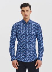 PAKO LORENTE – Granatowa dzianinowa koszula w kwiaty. Koszule męskie Pako Lorente, m, bez wzorów, z dzianiny, bez kołnierzyka, bez ramiączek. Za 149.99 zł.