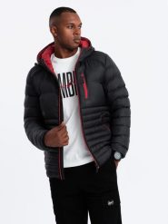 Nylonowa pikowana kurtka męska w stylu sportowym – czarna V3 OM-JALP-0187 - M. Czarne kurtki męskie Ombre Clothing, l, bez wzorów, z materiału, eleganckie, bez ramiączek. W wyprzedaży za 99.99 zł.