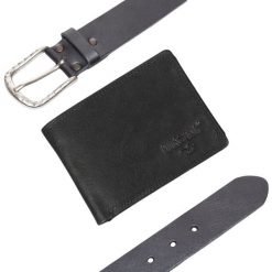 ZESTAW PREZENTOWY MUSTANG - SKÓRZANY PORTFEL I PASEK MĘSKI BLACK. Czarne portfele męskie Mustang, bez wzorów, ze skóry. Za 199.99 zł.