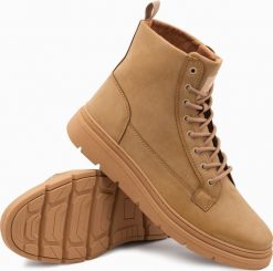 Buty trekkingowe męskie Ombre Jednokolorowe wysokie buty męskie z ozdobnymi przeszyciami camel V3 OM-FOBO-0133 41. Brązowe buty trekkingowe męskie Ombre, bez wzorów, bez zapięcia. Za 149.99 zł.