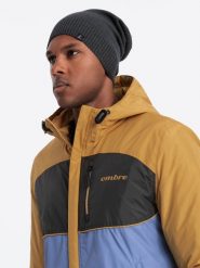 Zimowa męska czapka beanie z bawełnianej dzianiny – grafitowy melanż V2. Szare czapki męskie Ombre Clothing, na zimę, bez wzorów, z bawełny, klasyczne. Za 129.99 zł.