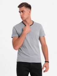 T-shirt męski z surowym wykończeniem – szary V1 - Rozmiar: XL. Szare t-shirty męskie Ombre Clothing, l, z aplikacjami, z bawełny, bez kołnierzyka, bez ramiączek. W wyprzedaży za 19.99 zł.