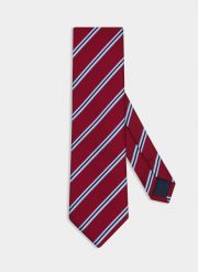 Bordowy krawat męski w pasy P22SF-KX-022-D-0. Czerwone krawaty i muchy męskie Pako Lorente, bez wzorów, z poliesteru. Za 39.99 zł.