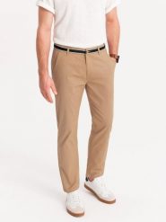 Męskie spodnie chino z ozdobną taśmą w pasie SLIM FIT – piaskowe V5 - Rozmiar: S. Spodnie na co dzień męskie Ombre Clothing, bez wzorów, z bawełny, casualowe. W wyprzedaży za 179.99 zł.