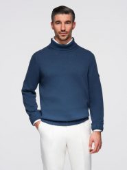 Męski golf sweter z dzianiny – ciemnoniebieski V2 - Rozmiar: S. Niebieskie swetry męskie Ombre Clothing, bez wzorów, z bawełny, biznesowe, bez kołnierzyka, bez ramiączek. Za 189.99 zł.
