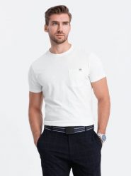 Dzianinowy T-shirt męski z naszytą kieszonką - ecru V7 - Rozmiar: XXL. T-shirty męskie Ombre Clothing, m, bez wzorów, z dzianiny, bez kołnierzyka, bez ramiączek. W wyprzedaży za 19.99 zł.