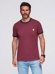 T-shirt męski z kontrastowymi lampasami – bordowy V2 - Rozmiar: XXL. Czerwone t-shirty męskie Ombre Clothing, m, z aplikacjami, z bawełny, bez kołnierzyka, bez ramiączek. W wyprzedaży za 82.49 zł.