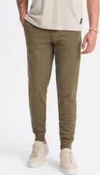 Ombre Męskie bawełniane spodnie dresowe joggery BASIC oliwkowe V2 OM-PABS-0174 S. Zielone długie spodnie sportowe męskie Ombre, bez wzorów, z bawełny. Za 129.99 zł.