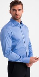 Ombre Klasyczna męska koszula SLIM FIT z satynowej tkaniny niebieska V2 OM-SHOS-0176 M. Niebieskie koszule męskie Ombre, m, bez wzorów, z satyny, bez kołnierzyka, bez ramiączek. Za 169.99 zł.