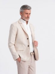 Męska marynarka o kroju REGULAR z lnem - kremowa V1 - Rozmiar: M. Białe marynarki męskie Ombre Clothing, l, bez wzorów, z materiału. W wyprzedaży za 249.99 zł.