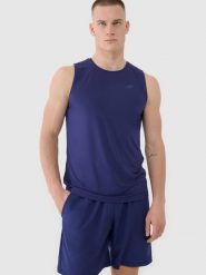 4F Tank top regular szybkoschnący męski - granatowy L. Niebieskie t-shirty sportowe męskie 4f, l, bez wzorów, z dzianiny, klasyczne, bez ramiączek. W wyprzedaży za 49.99 zł.