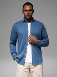 Męska koszula jeansowa z lyocellem oraz haftem na piersi – niebieska V2 OM-SHDS-0180 - XXL. Niebieskie koszule męskie Ombre Clothing, l, bez wzorów, z denimu, bez kołnierzyka, bez ramiączek. Za 119.99 zł.