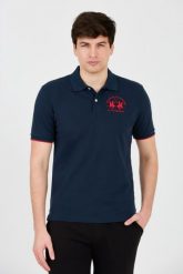 LA MARTINA Granatowe polo z dużym czerwonym logo. Niebieskie koszulki polo męskie La Martina, m, bez wzorów, bez kołnierzyka, bez ramiączek. W wyprzedaży za 369.99 zł.