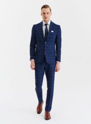 PAKO LORENTE – Kraciaste spodnie garniturowe z wełną. Niebieskie eleganckie spodnie męskie Pako Lorente, bez wzorów, z elastanu. Za 169.99 zł.