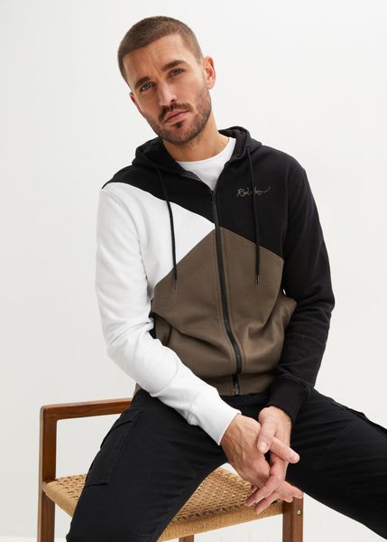 Bluza rozpinana z kapturem z bawełny organicznej. Czarne bluzy rozpinane męskie bonprix, l, bez wzorów, z bawełny, z kapturem. Za 149.99 zł.