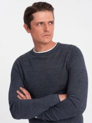 Bawełniany sweter męski z okrągłym dekoltem - granatowy melanż V3 - Rozmiar: L. Niebieskie swetry męskie Ombre Clothing, bez wzorów, z bawełny, klasyczne, bez kołnierzyka, bez ramiączek. W wyprzedaży za 69.99 zł.