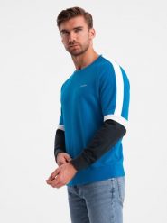 Trójkolorowa dresowa męska bluza z raglanowymi rękawami – niebieska V4 - Rozmiar: L. Niebieskie bluzy nierozpinane męskie Ombre Clothing, l, bez wzorów, z bawełny, sportowe, bez ramiączek, bez kaptura. W wyprzedaży za 99.99 zł.