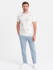 Dresowe spodnie męskie z nogawką bez ściągacza - jasnoniebieskie V7. Niebieskie spodnie dresowe męskie Ombre Clothing, bez wzorów, z bawełny. W wyprzedaży za 127.49 zł.