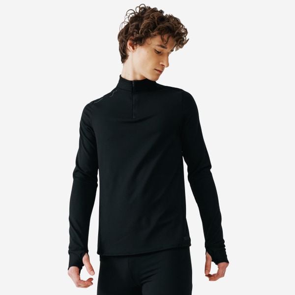 Bluza do biegania męska Kiprun Run 100 Warm. Czarne bluzy nierozpinane męskie KIPRUN, m, bez wzorów, z elastanu, sportowe, bez ramiączek, bez kaptura. W wyprzedaży za 44.99 zł.