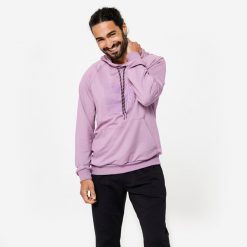 Bluza unisex Domyos fitness. Fioletowe bluzy nierozpinane męskie DOMYOS, l, bez wzorów, z bawełny, sportowe, bez ramiączek, z kapturem. W wyprzedaży za 89.99 zł.