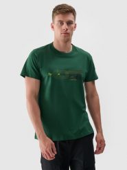 4F T-shirt z nadrukiem regular męski - zielony XL. Zielone t-shirty męskie 4f, m, bez wzorów, z dzianiny, bez kołnierzyka, bez ramiączek. W wyprzedaży za 39.99 zł.