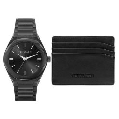 Zestaw zegarek i etui na karty Trussardi. Czarne zegarki męskie TRUSSARDI. Za 829.99 zł.