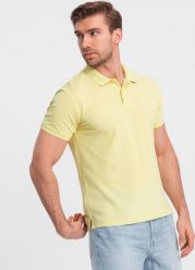 Ombre Jednokolorowa koszulka polo męska BASIC z dzianiny pique - żółta V15 OM-POBS-0100 XL. Żółte koszulki polo męskie Ombre, m, bez wzorów, z dzianiny, bez kołnierzyka, bez ramiączek. Za 79.99 zł.