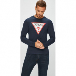 Guess Jeans - Longsleeve. Czarne koszulki męskie z długim rękawem Guess Jeans, z aplikacjami, z bawełny, z okrągłym kołnierzem, z długim rękawem. Za 159.90 zł.