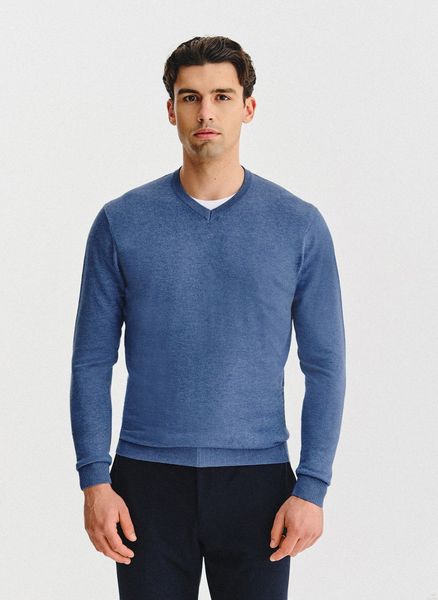 PAKO LORENTE – Niebieski sweter męski v-neck. Niebieskie swetry męskie Pako Lorente, bez wzorów, z nylonu, bez kołnierzyka, bez ramiączek. Za 99.99 zł.