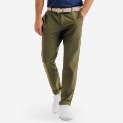 Spodnie do golfa chino męskie Inesis WW500. Brązowe eleganckie spodnie męskie INESIS, bez wzorów, z elastanu, sportowe. Za 159.99 zł.