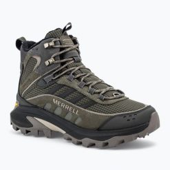 Buty turystyczne męskie Merrell Moab Speed 2 Thermo Mid Wp. Zielone buty zimowe męskie Merrell, bez wzorów, sportowe, bez obcasa, bez zapięcia. Za 699.99 zł.