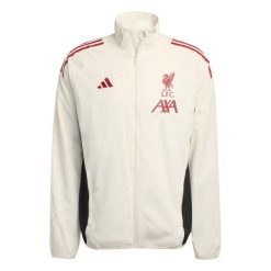 Kurtka treningowa Prematch Liverpool FC 2025/26. Białe kurtki treningowe męskie ADIDAS, bez wzorów, bez kaptura, do piłki nożnej. W wyprzedaży za 331.85 zł.