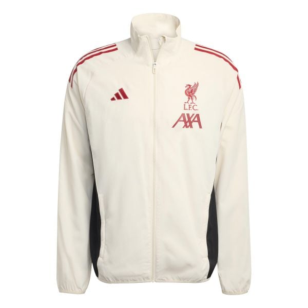 Kurtka treningowa Prematch Liverpool FC 2025/26. Białe kurtki męskie ADIDAS, bez wzorów, bez kaptura, do piłki nożnej. W wyprzedaży za 331.85 zł.