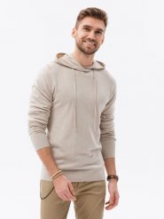 Męska bluza dzianinowa z kapturem - beżowa V5 - Rozmiar: XXL. Brązowe bluzy nierozpinane męskie Ombre Clothing, m, bez wzorów, z bawełny, z kapturem. W wyprzedaży za 39.99 zł.
