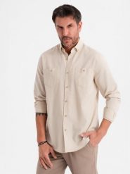 Koszula męska lniana z klasycznym kołnierzykiem i kieszeniami REGULAR FIT – kremowa V3 - Rozmiar: S. Białe koszule męskie Ombre Clothing, na lato, l, z aplikacjami, z bawełny, bez kołnierzyka, bez ramiączek. W wyprzedaży za 164.99 zł.