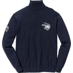 Sweter z golfem Regular Fit bonprix ciemnoniebieski. Niebieskie swetry męskie bonprix, z haftami, sportowe, z golfem. Za 74.99 zł.