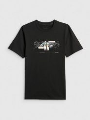 4F T-shirt regular z nadrukiem męski - czarny M. Czarne t-shirty męskie 4f, m, bez wzorów, z materiału, bez kołnierzyka, bez ramiączek. Za 79.99 zł.