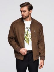 Kurtka bomberka męska z imitacji zamszu - brązowa V1 - Rozmiar: M. Brązowe kurtki męskie Ombre Clothing, l, z aplikacjami, z materiału, wizytowe, bez ramiączek, bez kaptura. Za 399.99 zł.
