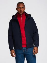 Męska kurtka z kapturem i wysoką stójką - granatowa V2 - Rozmiar: S. Niebieskie kurtki męskie Ombre Clothing, m, bez wzorów, z materiału, bez ramiączek, z kapturem. Za 299.99 zł.