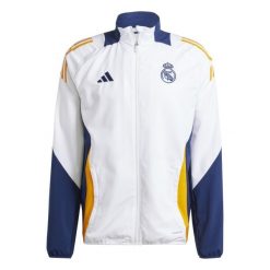 Bluza dresowa Prematch Real Madrid 2024/25. Białe bluzy nierozpinane męskie ADIDAS, bez wzorów, z dresówki, sportowe, bez ramiączek, bez kaptura. Za 342.40 zł.