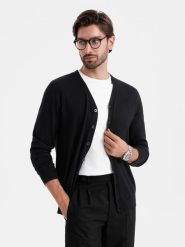 Monochromatyczny dzianinowy męski kardigan z wiskozą – czarny V2 - Rozmiar: XL. Czarne kardigany męskie Ombre Clothing, m, z aplikacjami, z dzianiny, bez ramiączek. W wyprzedaży za 127.49 zł.