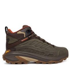 Trekkingi Merrell. Zielone buty trekkingowe męskie Merrell, bez wzorów, sportowe, bez obcasa, bez zapięcia. Za 849.99 zł.