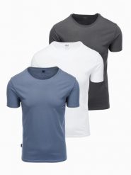 Zestaw bawełnianych koszulek męskich BASIC z okrągłym dekoltem – biały/grafitowy/niebieski denim V8 OM-TSBS-0232 - XXL. Niebieskie t-shirty męskie Ombre Clothing, l, bez wzorów, z bawełny, bez kołnierzyka, bez ramiączek. Za 89.99 zł.
