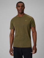 4F Koszulka trekkingowa z wełną merino męska - khaki M. Brązowe t-shirty męskie 4f, l, bez wzorów, z wełny, bez kołnierzyka, bez ramiączek. Za 199.99 zł.