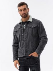 Kurtka męska sztruksowa typu sherpa – grafitowa V7 - Rozmiar: S. Szare kurtki męskie Ombre Clothing, l, bez wzorów, z bawełny, eleganckie, bez ramiączek, bez kaptura. W wyprzedaży za 99.99 zł.