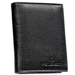 Czarny portfel męski ze skóry naturalnej bez zapięcia zewnętrznego, zapakowany w firmowe pudełko - Peterson. Czarne portfele męskie Peterson, bez wzorów, ze skóry. Za 139.99 zł.