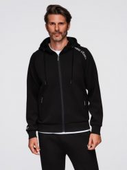 Rozpinana bluza męska ze stójką i kapturem – czarna V1 - Rozmiar: L. Czarne bluzy rozpinane męskie Ombre Clothing, l, bez wzorów, z dzianiny, sportowe, bez ramiączek. Za 229.99 zł.