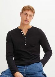 Shirt z dekoltem henley, z bawełny organicznej, Slim Fit. Czarne koszulki męskie z długim rękawem bonprix, l, bez wzorów, z bawełny, bez kołnierzyka, bez ramiączek. Za 69.99 zł.