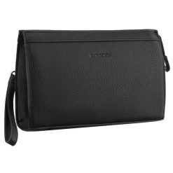 Praktyczna saszetka męska ze skóry ekologicznej w czarnym kolorze z uchwytem do ręki - Rovicky. Czarne saszetki męskie ROVICKY, bez wzorów, ze skóry ekologicznej. Za 69.99 zł.
