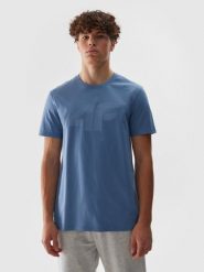 4F T-shirt regular z nadrukiem męski - granatowy L. Niebieskie t-shirty męskie 4f, l, bez wzorów, z bawełny, bez kołnierzyka, bez ramiączek. W wyprzedaży za 39.99 zł.